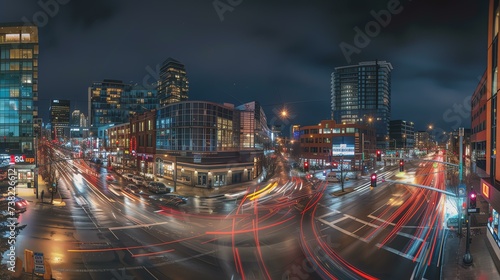 A mesmerizing capture of a vibrant city intersection at night, showcasing the hustle and bustle as streaks of light trail behind the moving vehicles. Experience the energy and dynamism of ur