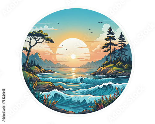 illustrated coastal landscape with waves and sunset. Sticker illustration 