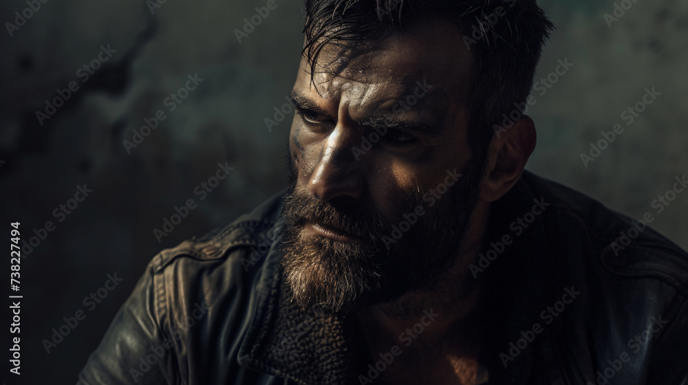 A rugged, weathered man in his late 30s exudes toughness and masculinity. With a thick, well-groomed beard and donning a classic leather jacket, he effortlessly embodies the essence of rebel - obrazy, fototapety, plakaty 