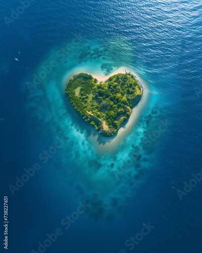 An Aerial View of a Heart-Shaped Tropical Island Surrounded by Crystal-Clear Blue Waters