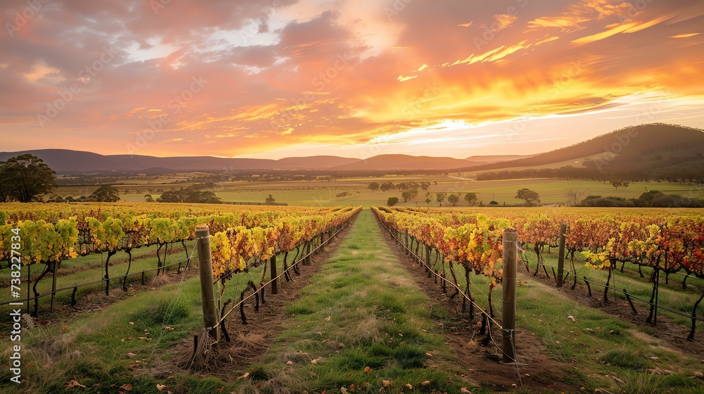 A mesmerizing sunset cast a warm, golden glow over a breathtaking vineyard, amplifying the vibrant hues of the vines, and capturing a serene and captivating moment.