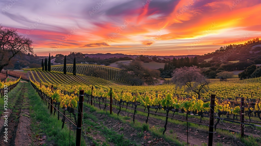 A mesmerizing sunset cast a warm, golden glow over a breathtaking vineyard, amplifying the vibrant hues of the vines, and capturing a serene and captivating moment.