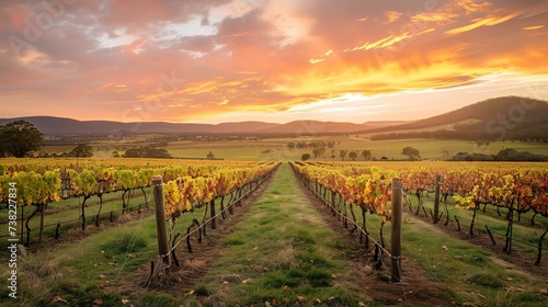 A mesmerizing sunset cast a warm  golden glow over a breathtaking vineyard  amplifying the vibrant hues of the vines  and capturing a serene and captivating moment.