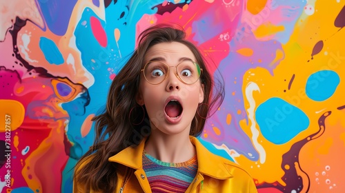 A stunning stock image featuring a surprised woman against a vibrant and abstract backdrop, evoking a sense of awe and curiosity.