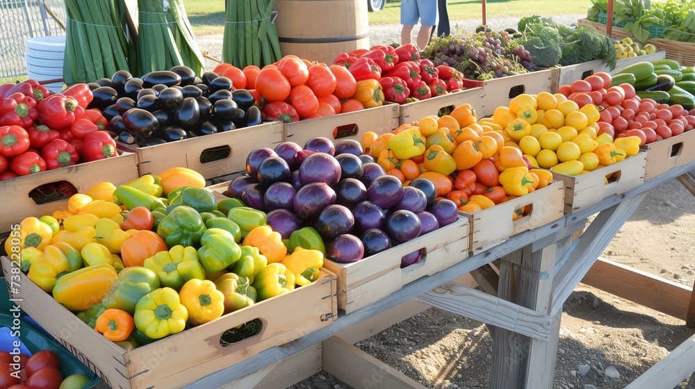 A bountiful farmers' market scene bathed in early morning sunlight showcases an array of vibrant, fresh fruits and vegetables, enticing customers with its variety and freshness.