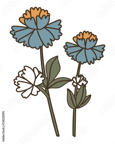 Fototapeta Naklejka Na Ścianę i Meble -  Flower with blue, yellow and white flowers. Branch with flowers and leaves. Flat vector illustration. Vintage style with outline.