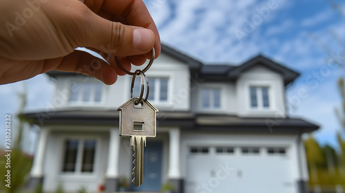 Une main tenant une clé devant une maison neuve en arrière-plan. photo