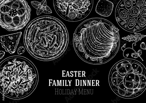 Easter food hand drawn sketch. Vector illustration. Festive table with Easter food. Engraved illustration. Menu set.