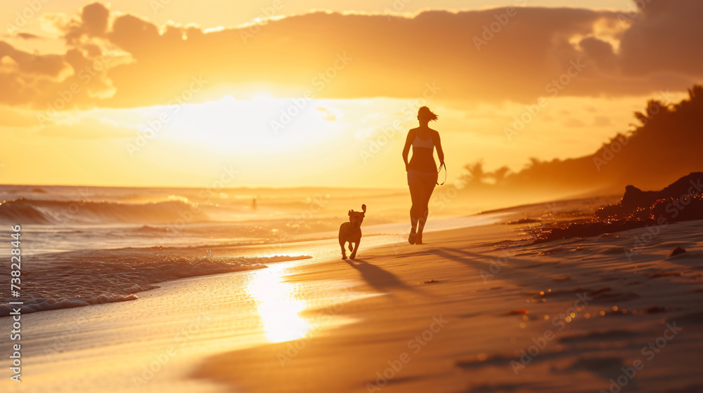 A serene and vibrant image capturing a woman gracefully jogging with her loyal dog, against the backdrop of a breathtaking sunset over the tranquil beach. Embrace the feeling of freedom and
