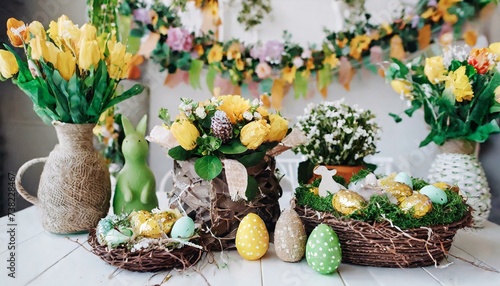 Decoração de páscoa feita com cestas e ovos decorados de páscoa photo