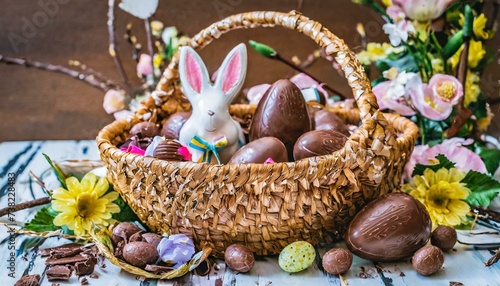 Cesta de palha decorada para a páscoa com um coelho e ovos de chocolate photo