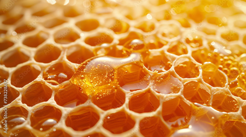 A stunning and lifelike portrayal of a honeycomb glistening with golden droplets of fresh honey. This image captures the beauty and allure of nature's sweetest treasure, showcasing its intri