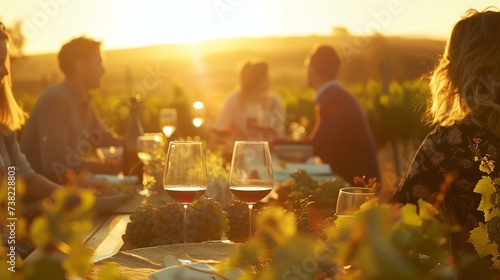 A captivating moment unfolds as wine lovers indulge in a luxurious tasting experience amidst a tranquil vineyard bathed in the warm glow of the setting sun. The golden light creates an encha