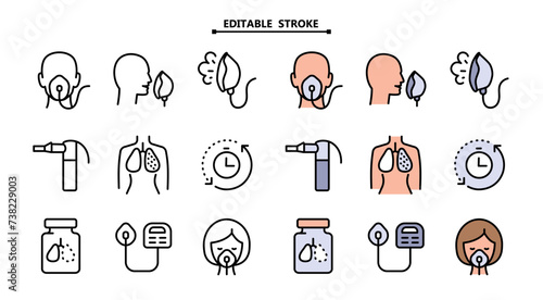 Color flat icons set of nebulizers of different types. Editable stroke. Healthcare symbol isolated on white background. Vector simple collection.