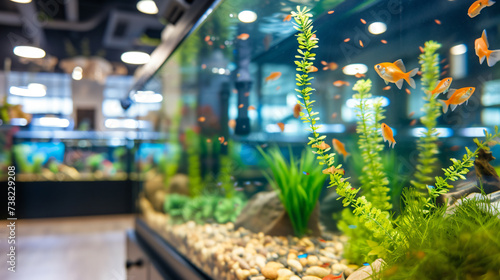 A pristine, crystal-clear fish tank mockup displayed in a pet store, showcasing its generous size perfect for creating stunning aquarium setups.