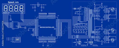 Schematic diagram of electronic device with motor operating under control of microcontroller. Vector technical drawing electrical circuit with button, controller, lcd display and other components.