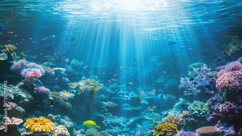 Stunning underwater shot showcasing a vibrant coral reef bustling with an abundance of diverse marine creatures  bathed in the ethereal glow of pristine sunlight penetrating the crystal-clea
