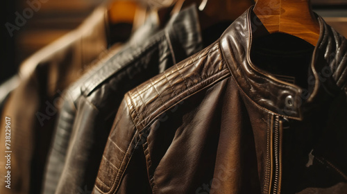 A sleek and sophisticated leather jacket mockup hanging gracefully on a wooden hanger, showcasing its impeccable texture and expert craftsmanship.