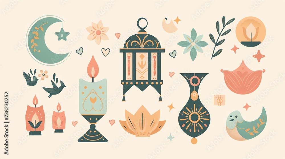 Naklejka premium Festive Ramadan and love-themed illustrations with pastel colors, radiating joy, celebration, and affection. Explore the rich cultural icons of Ramadan in these heartwarming images.