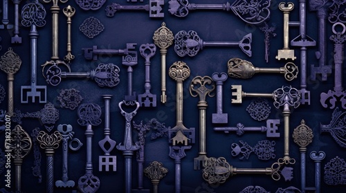 Background with antique old keys in Indigo color.