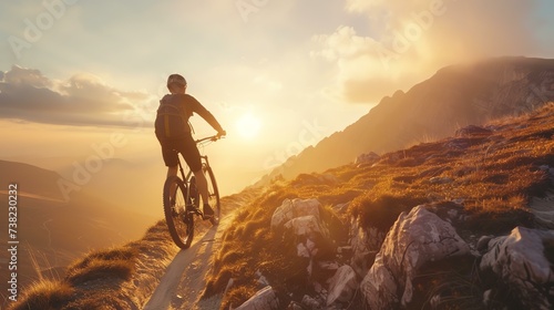 A fearless mountain biker defies gravity while navigating rugged terrain on an extreme sports adventure. Adrenaline-pumping thrills await in this heart-stopping journey. © stocker