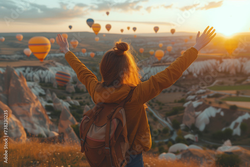 A Nature Lover's Adventure in Turkey. Soaring High Above the Mountains and Hills, Embracing the Beauty of the Landscape in the Glow of the Rising Sun