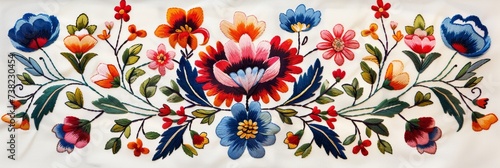 Vibrant Slovak folk embroidery displayed against a clean white backdrop