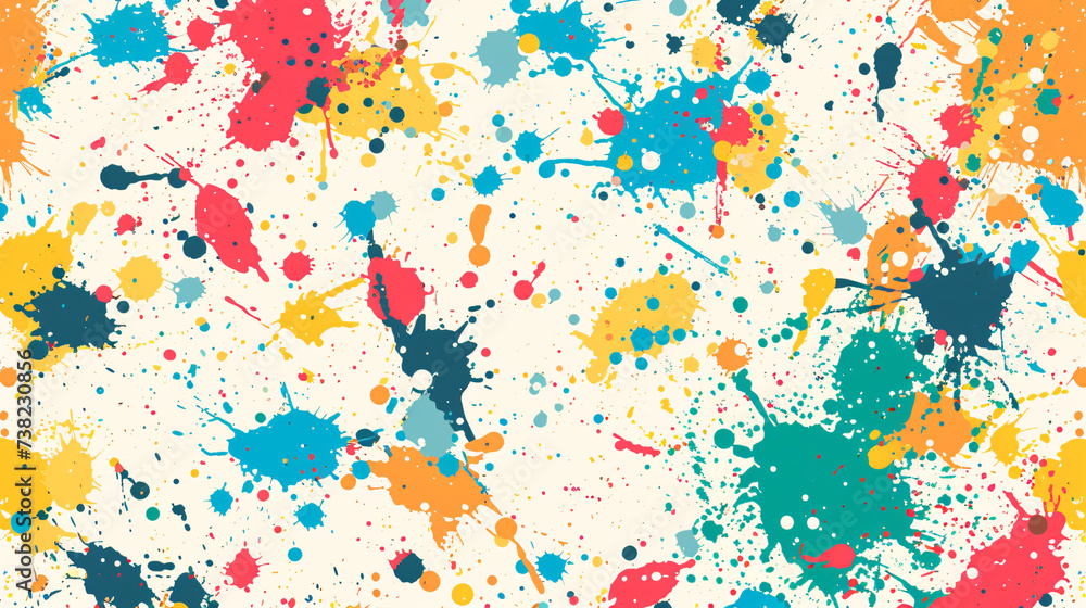 A vibrant and dynamic seamless pattern featuring an explosion of colorful, abstract paint splatters. Symbolizing creativity and freedom, this eye-catching design is perfect for adding a pop