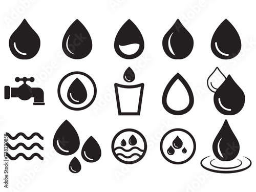 water icon collection set, A drop of water. Glass, Water protection simple black style symbol sign for apps and website