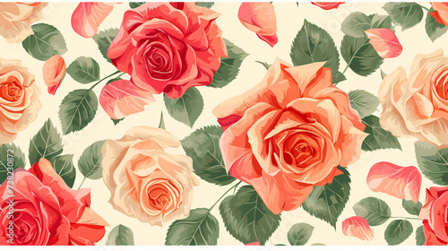 A captivating seamless pattern featuring an explosion of vibrant  blooming roses that instantly bring a romantic ambiance to any design. The delicate petals and graceful leaves create a mesm