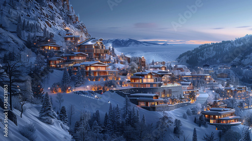 A luxurious ski resort nestled on the peak of an untouched mountain where the slopes are paved with gold and diamonds reflecting the sunlight in a dazzling display of wealth photo