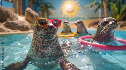 Envision a lively display area within an amusement park where a group of seals each donning a pair of colorful sunglasses perform photo