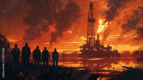 Envision the first light of dawn breaking over an oil drilling rig casting a golden glow on the machinery and the team of engineers gathered for photo