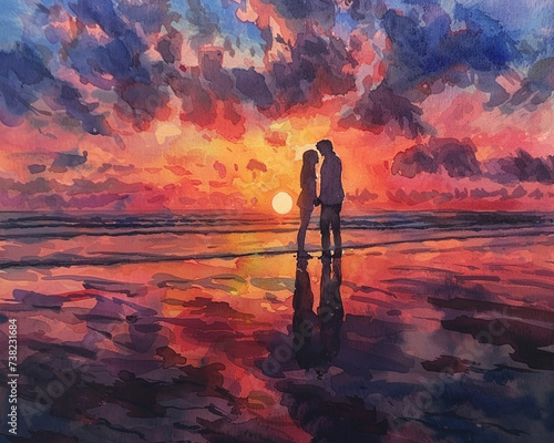 Picture a dreamy beach setting where a couple stands at the waters edge the sunset painting the sky in vibrant colors The moment of the proposal is