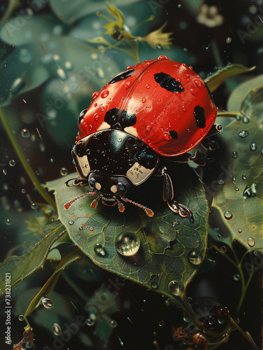 Picture a vividly red ladybug as it navigates the verdant landscape of a leaf its glossy shell standing out against the sea of green The