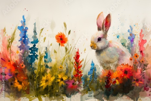 Watercolor Easter bunny in the grass