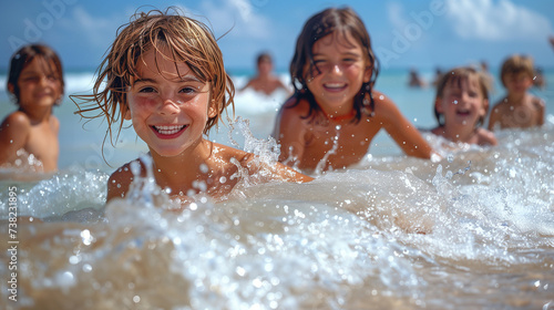 Children chasing waves, family beach day, laughter and splashes.