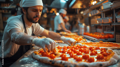 Man preparing pizza with plum tomatoes in restaurant kitchen