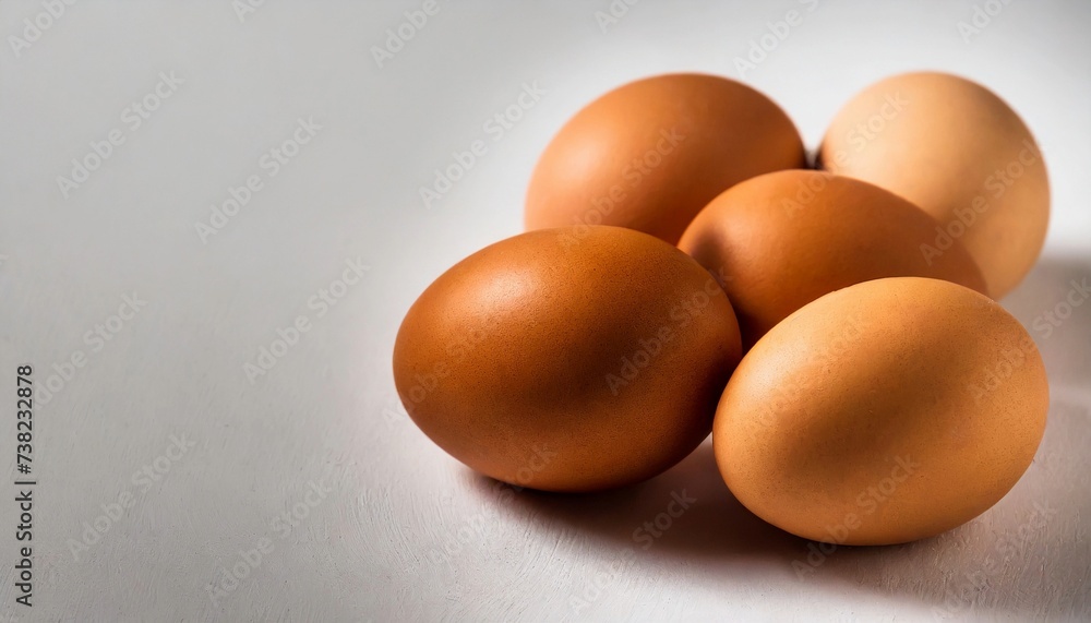 Brown chicken eggs on light background. Fresh and natural food. Organic farm product.