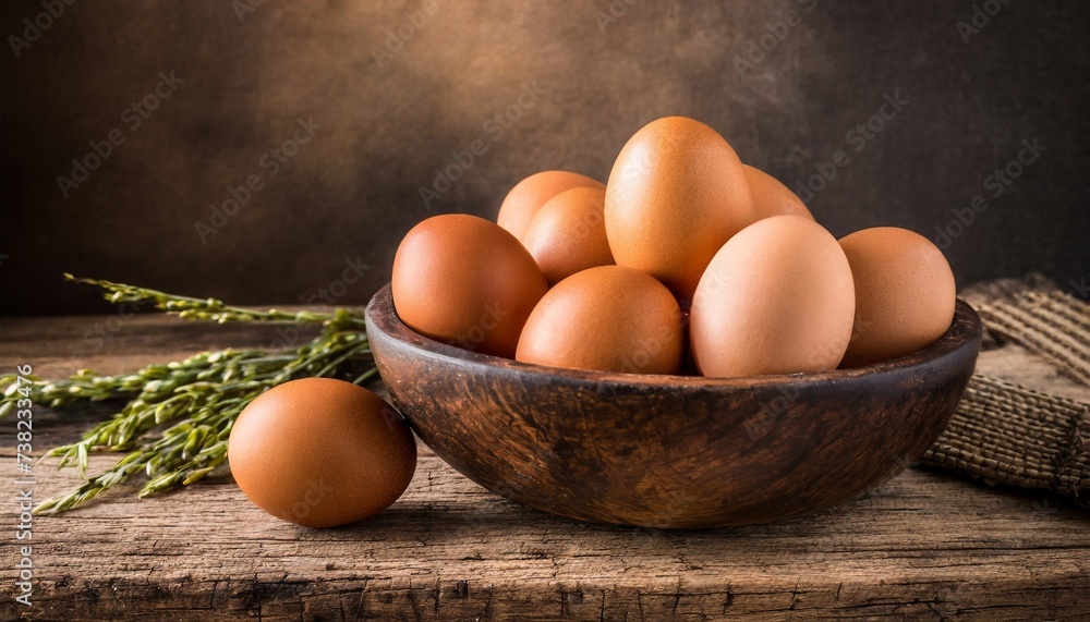 Brown chicken eggs in bowl on wooden background. Fresh and natural food. Brown chicken eggs in bowl on wooden background. Fresh and natural food.