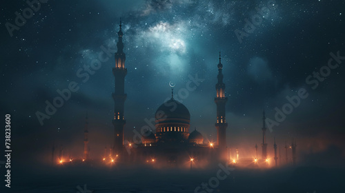 Majestic blue mosque with intricate designs, illuminated under serene sky. photo