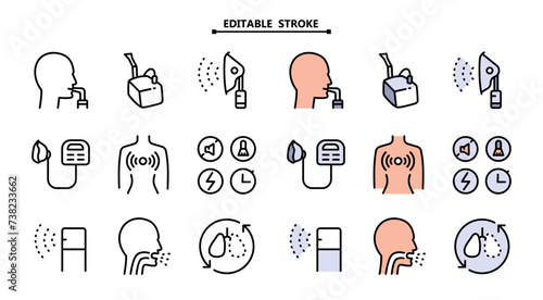 Nebulizer signs collection. Editable stroke. Medical equipment for inhalation in the diseases, asthma, bronchitis