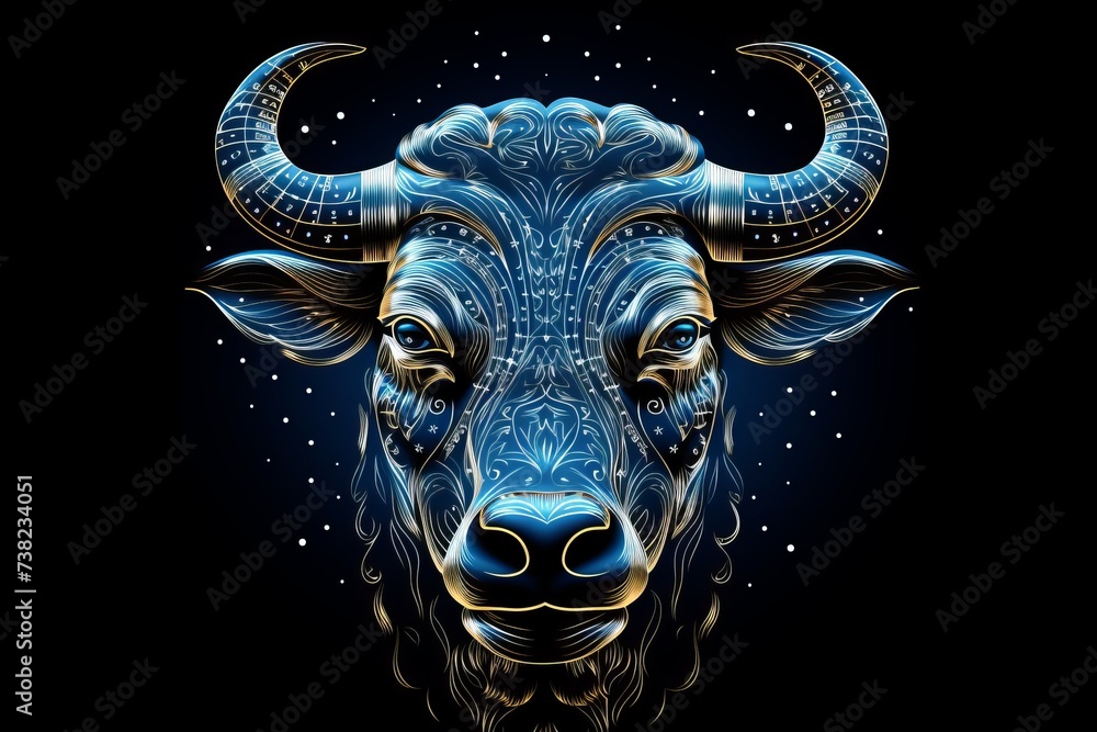 Taurus zodiac sign shining in blue light on black background, astrology concept.