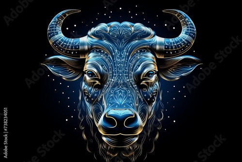 Taurus zodiac sign shining in blue light on black background, astrology concept.