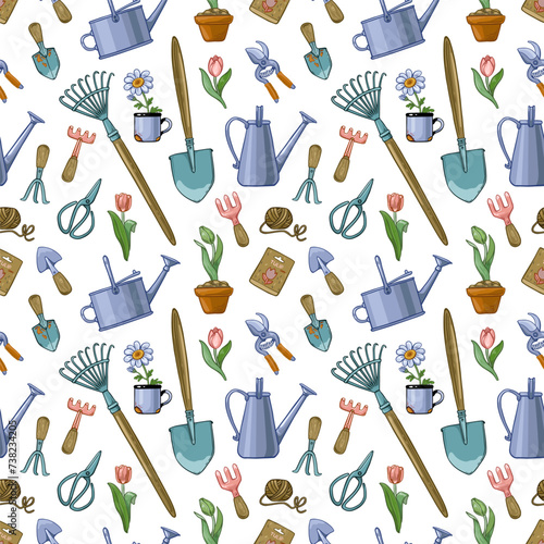 Seamless pattern with gardening tools, flowers, watering cans, bags of seeds on a white background.