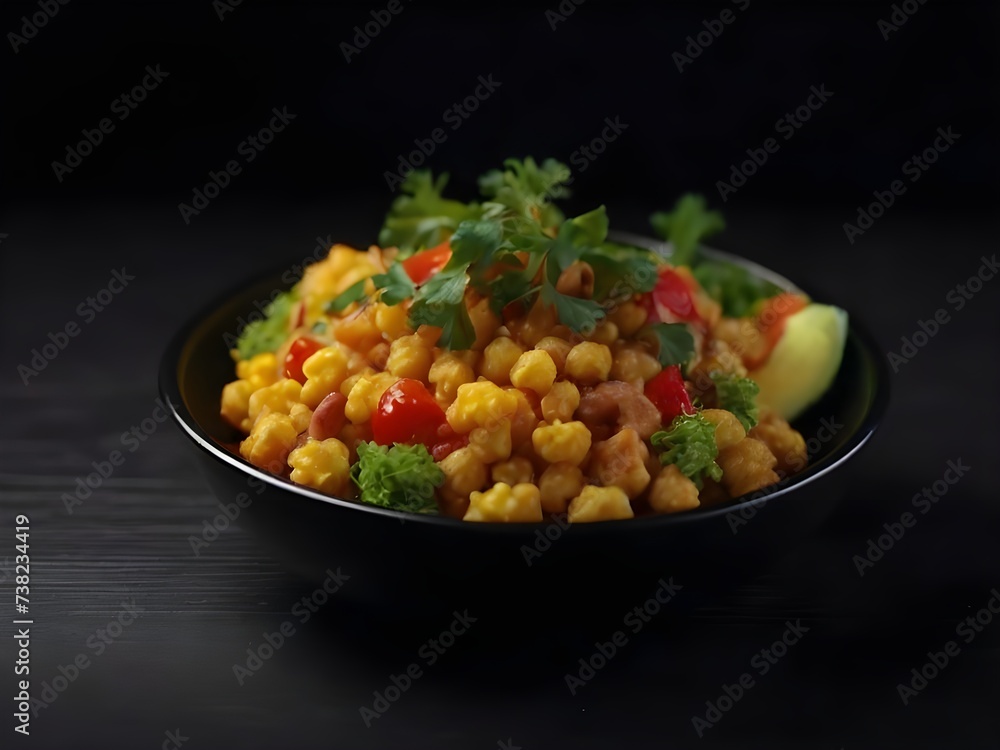 High angle view of food on table, dark background, fresh salad tomato onion, illustration High angle view of food on table, dark background, fresh salad tomato onion, illustration