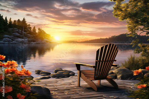 Lake Shore with Wooden Chairs at Sunset, Concept of Relaxation and Nature, Scenic View of Peaceful Wilderness photo