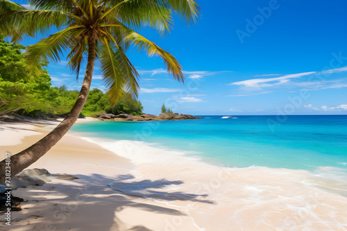 Glorious Summertime - Tropical Beach, Crystal Clear Water, Pristine Sandy Shores, and Palms Swaying in Warm Golden Light