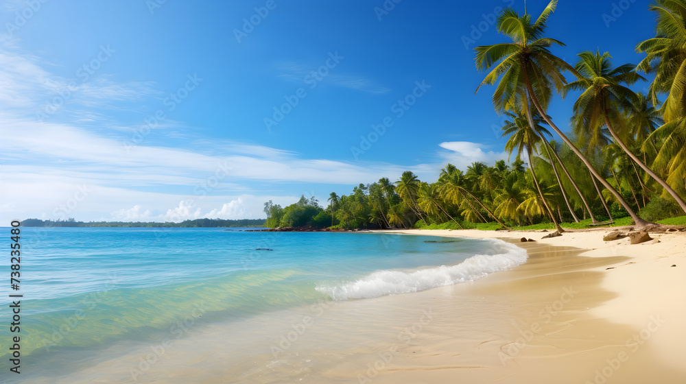 Glorious Summertime - Tropical Beach, Crystal Clear Water, Pristine Sandy Shores, and Palms Swaying in Warm Golden Light