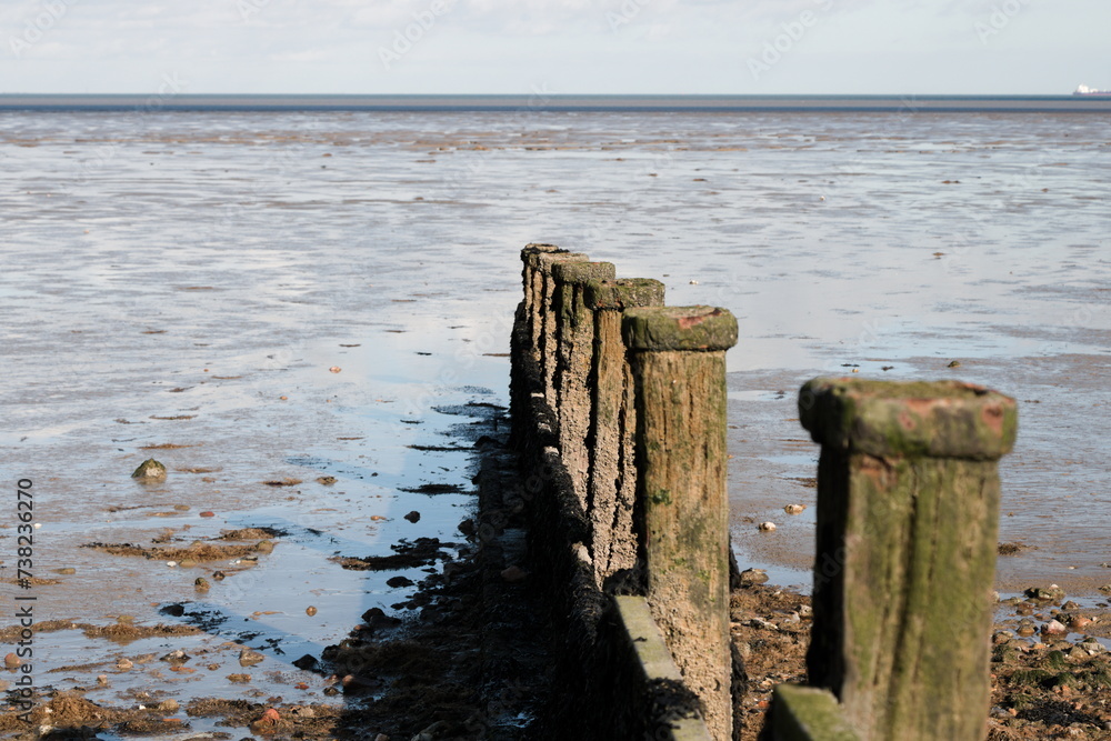 Wooden wave breakers on the beach during low tide